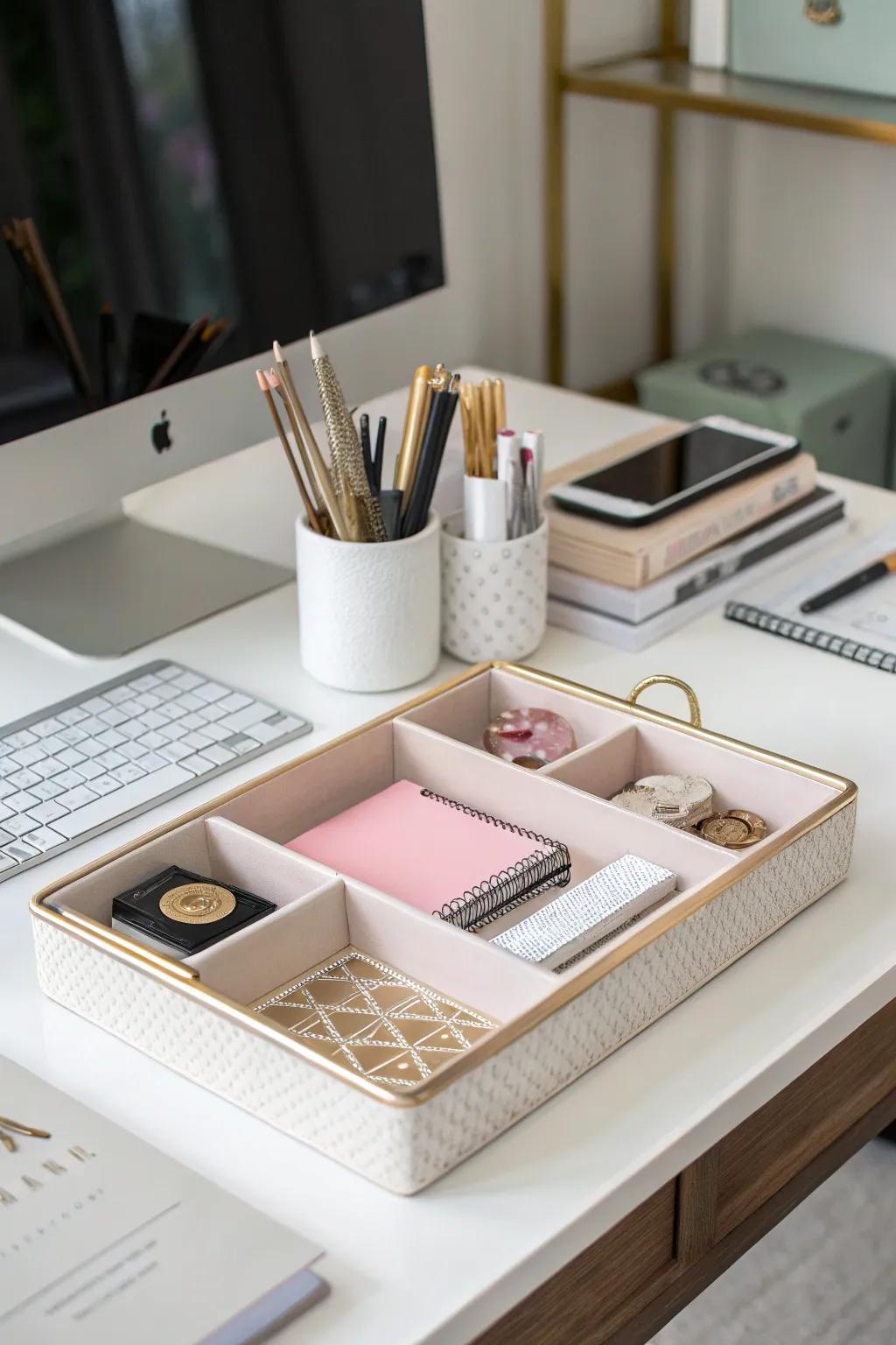 A desk with stylish trays and organizers for a tidy layout.