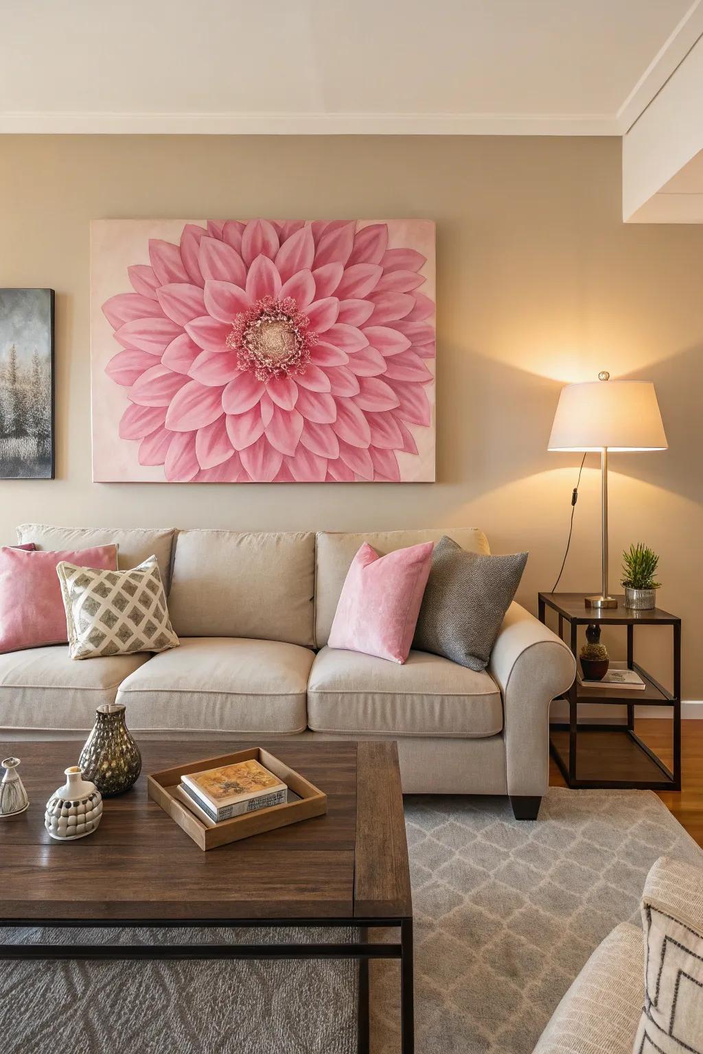 Roseate mural art infuses individuality and hue into the heart of the home.