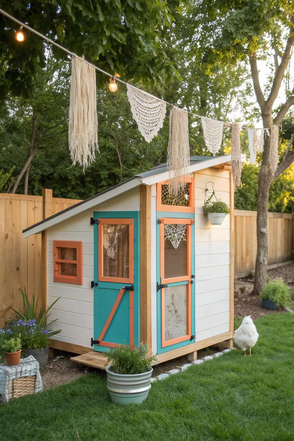 Add a splash of color to your backyard with this vibrant and stylish chicken coop!