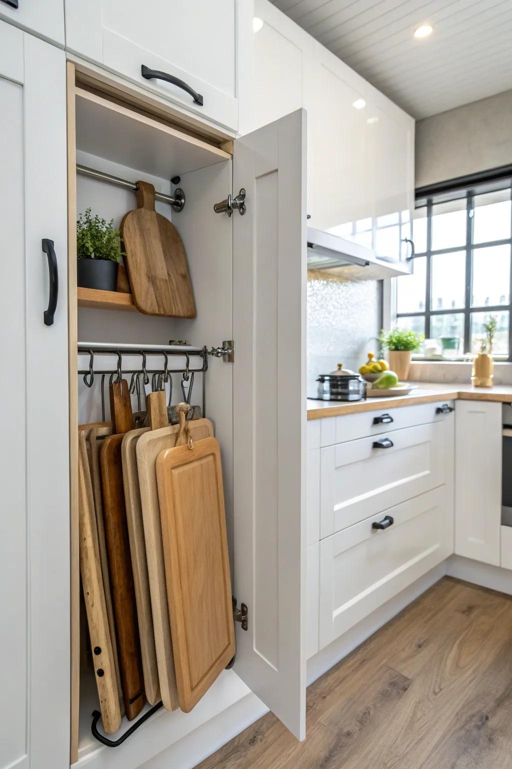 Inside cabinet door storage for cutting boards.