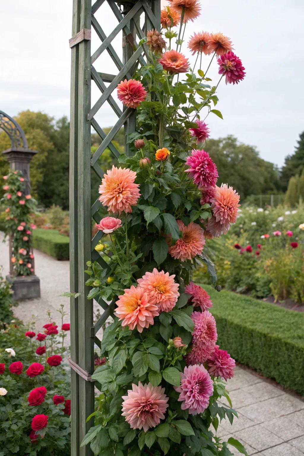 Dahlias reaching new heights on a garden trellis.