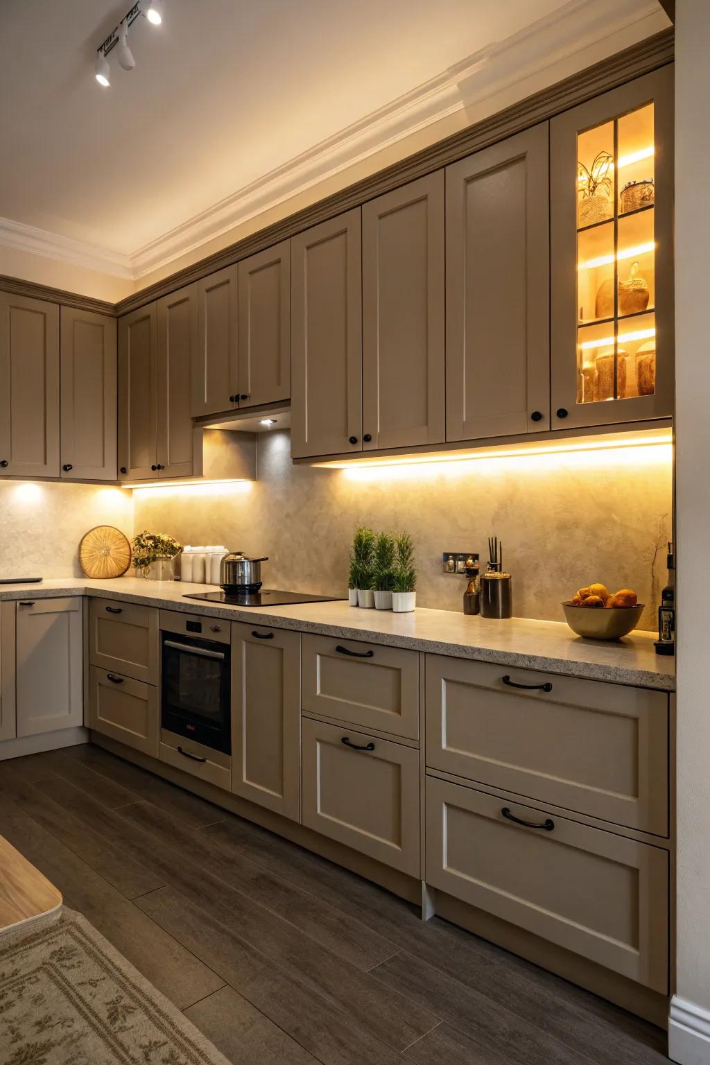 Warm lighting highlights the beauty of dark beige cabinets.