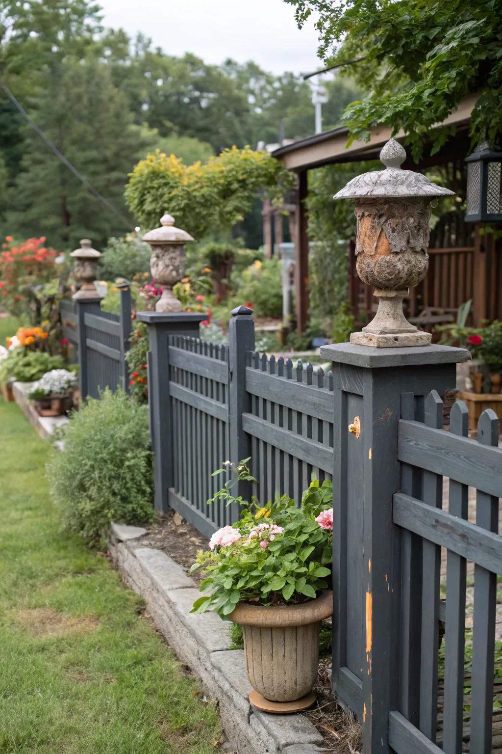 A deep charcoal boundary paired with rustic timber accents and vintage garden decor.