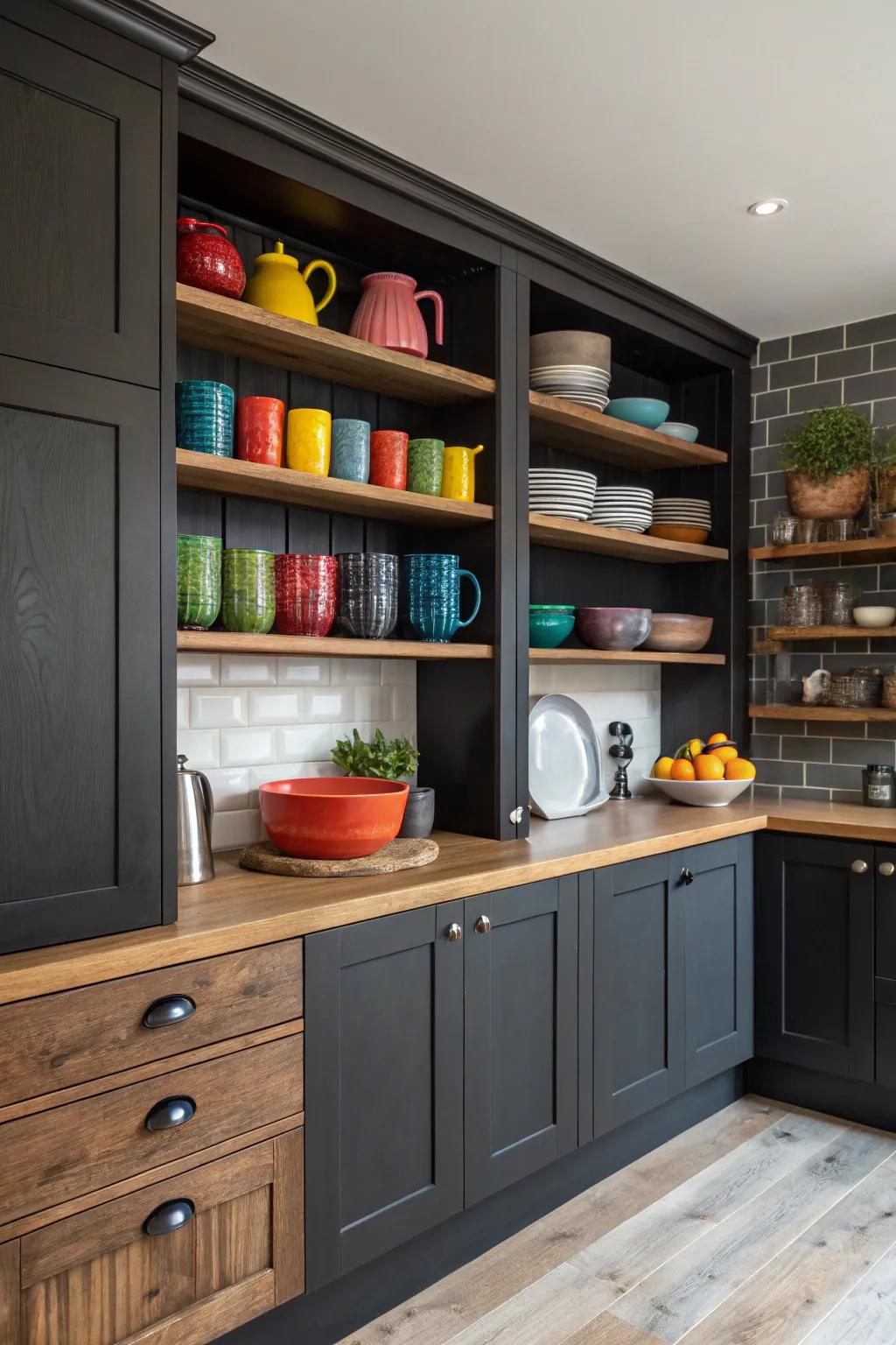 Exposed shelving introduces charm and personality to a cooking area with shadowy cabinetry.