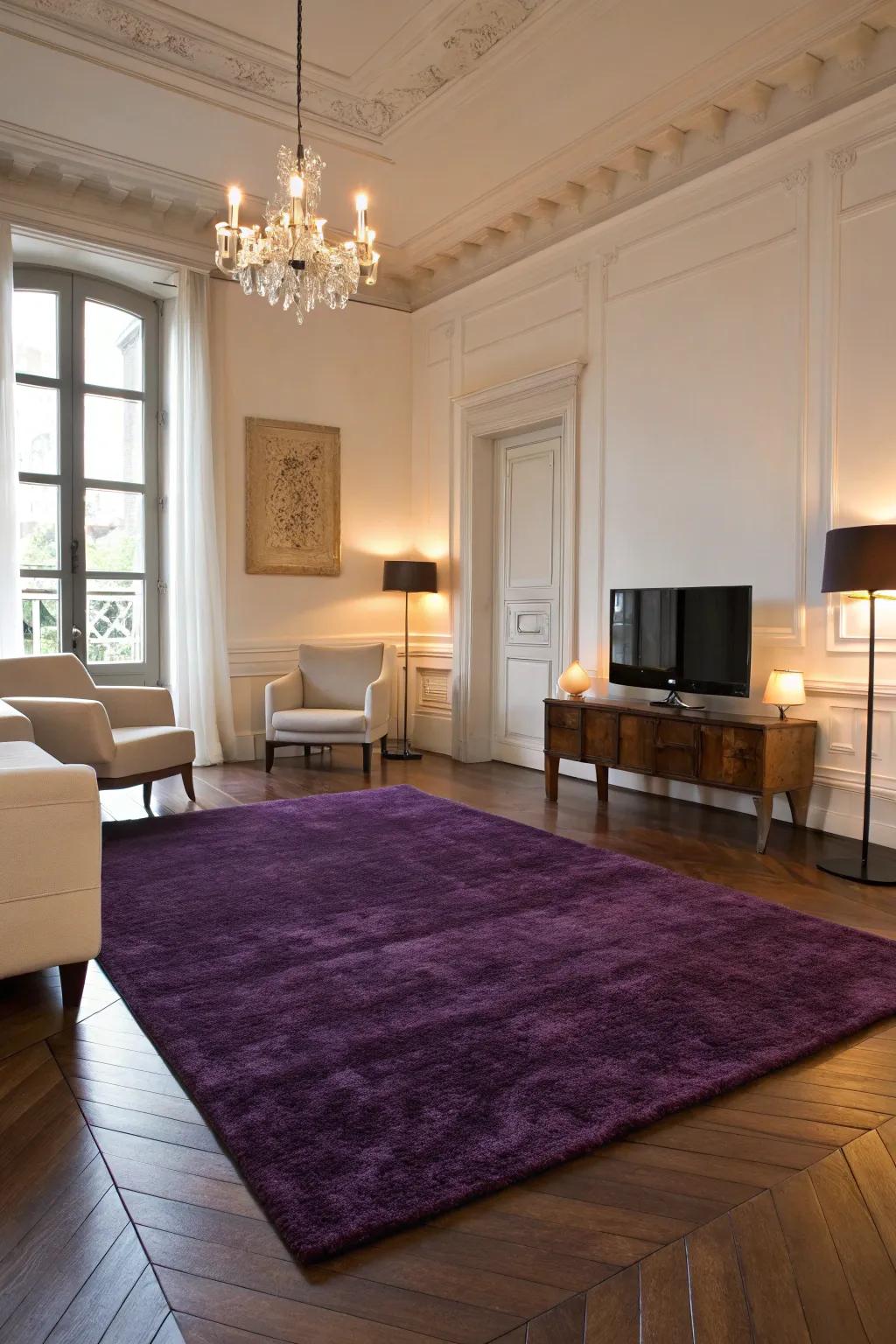 A dark purple rug brings texture and unity to this minimalist living room.