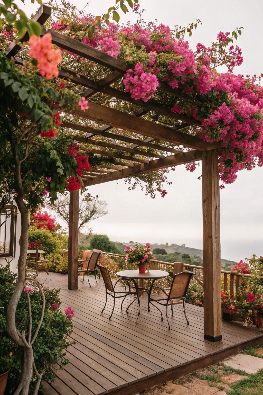 A pergola deck providing ample shade and a splash of color.