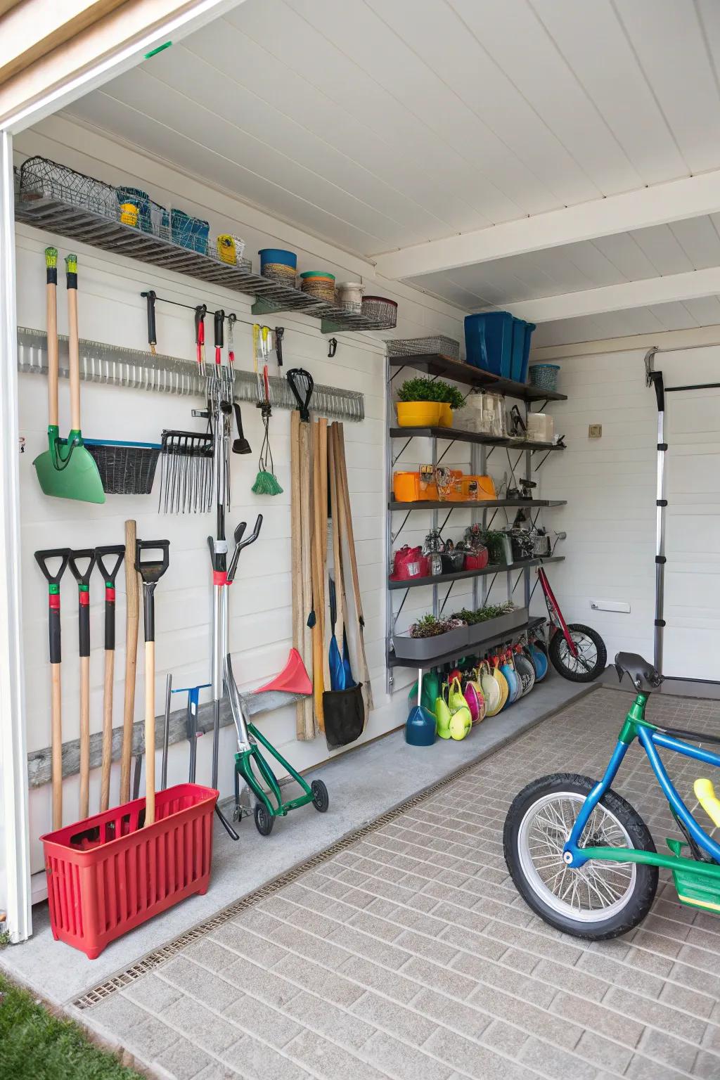 Neat storage space beneath deck stairs for gardening tools and toys.
