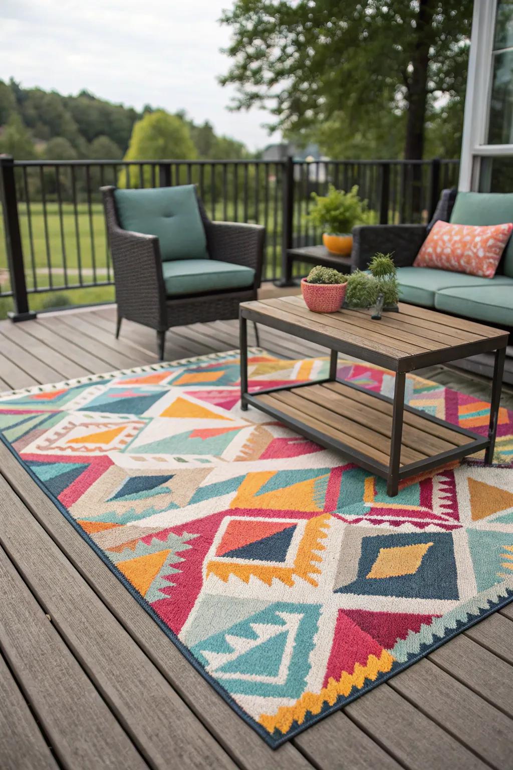 A vibrant carpet turns this patio into a lively outdoor entertainment space.