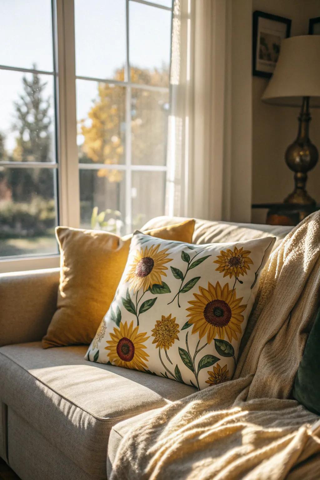 Sunflower-patterned pillows add warmth and color to your seating area.
