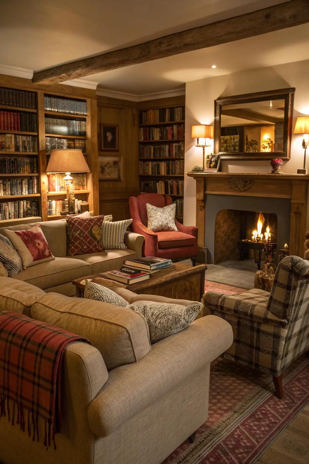 A den with appealing, relaxing seating setups.