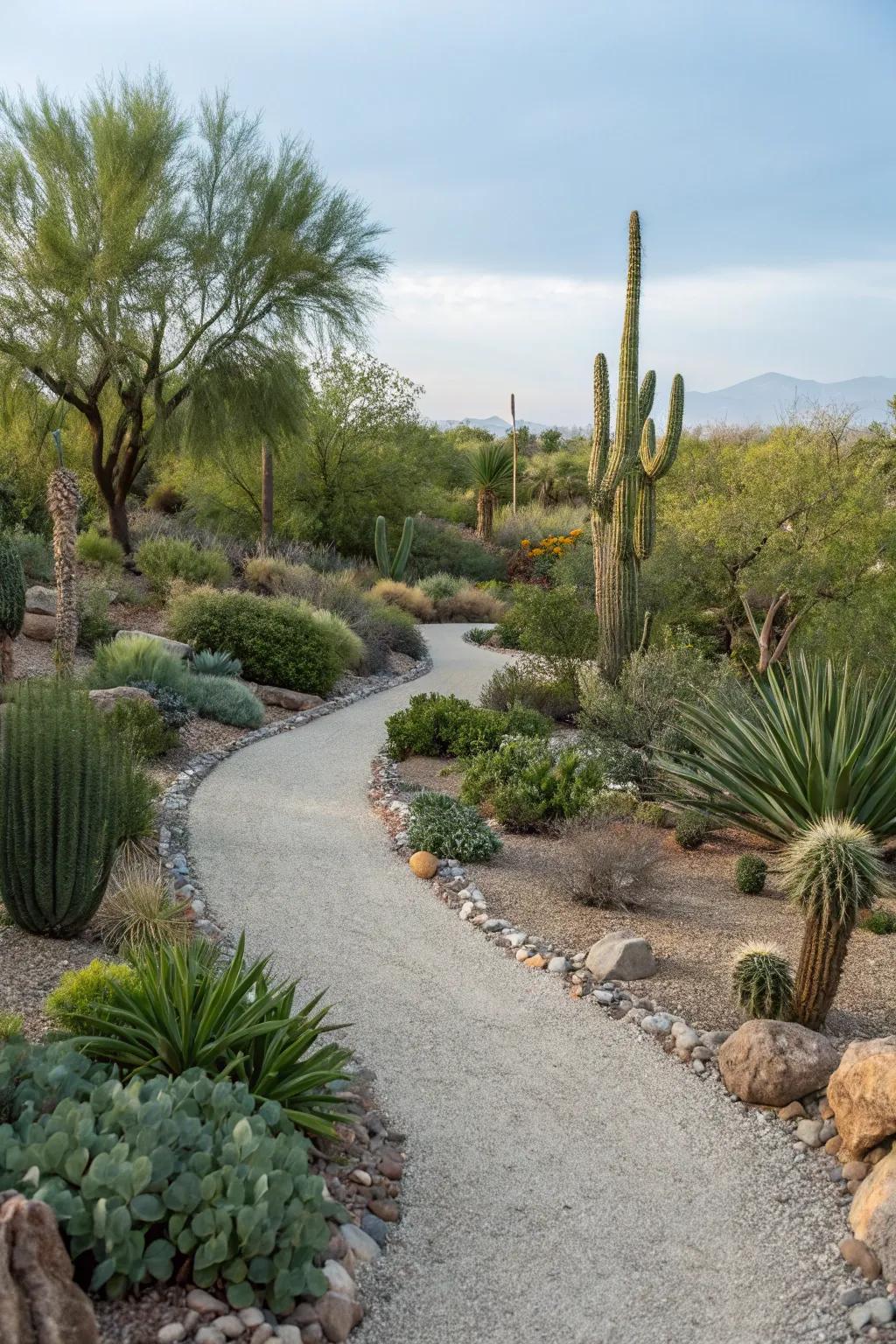 Gravel pathways create a clean and practical design in desert gardens.