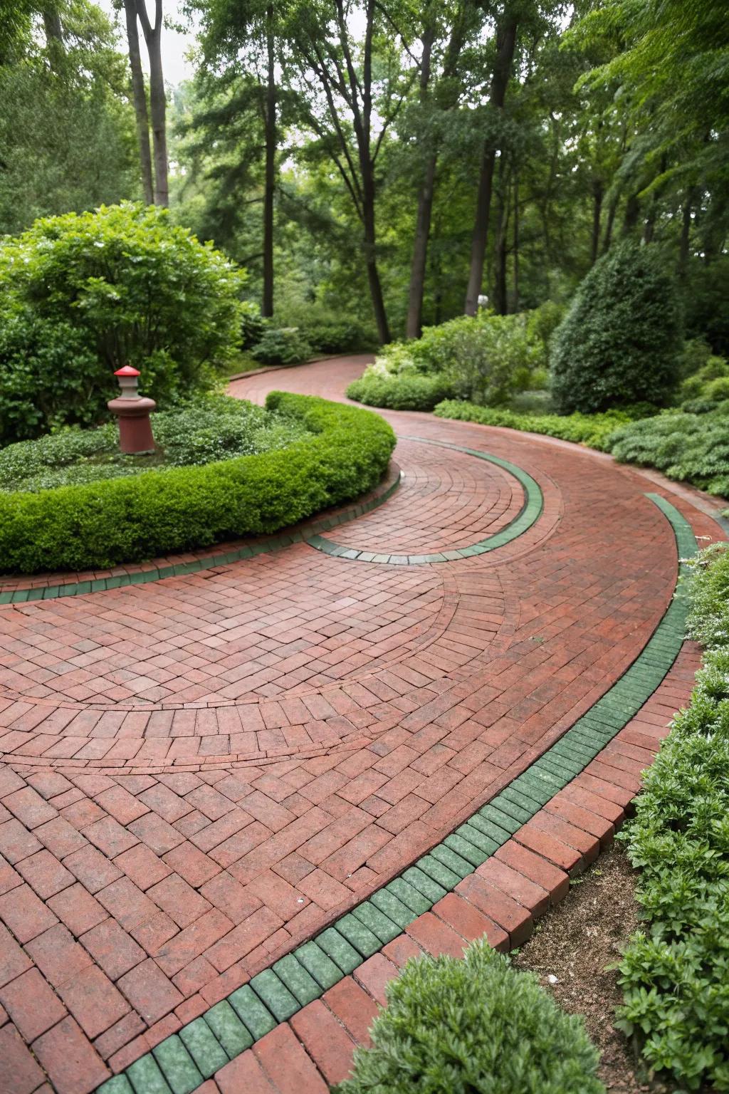 The rich tones of a brick driveway create a warm and inviting entrance.