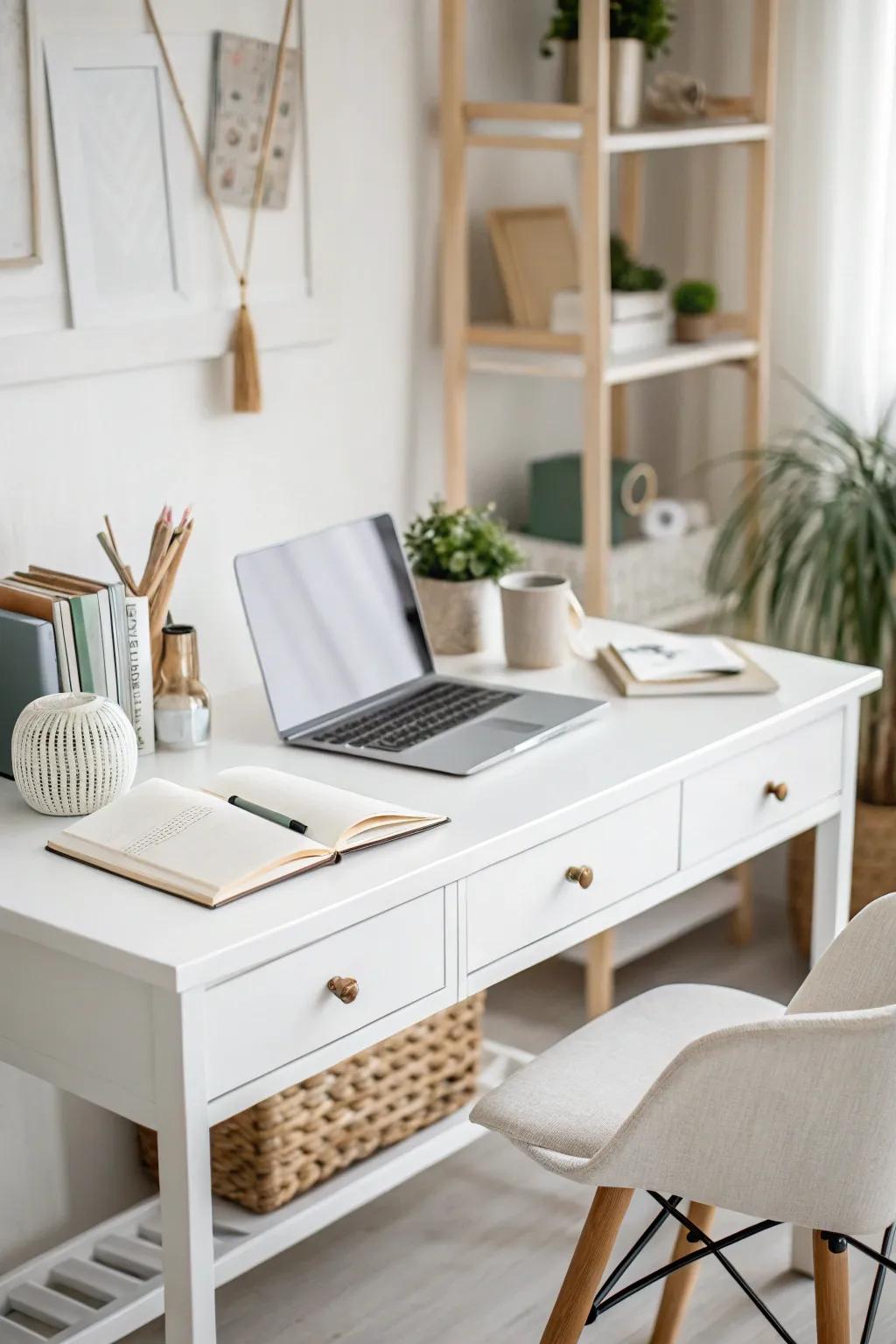 A pristine white desk sets the stage for a rejuvenated, clean start to your day.