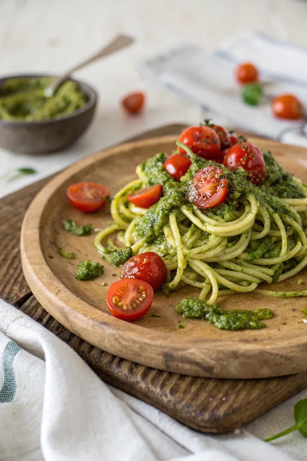 Relish a guilt-free pasta experience with courgette spirals and pesto.