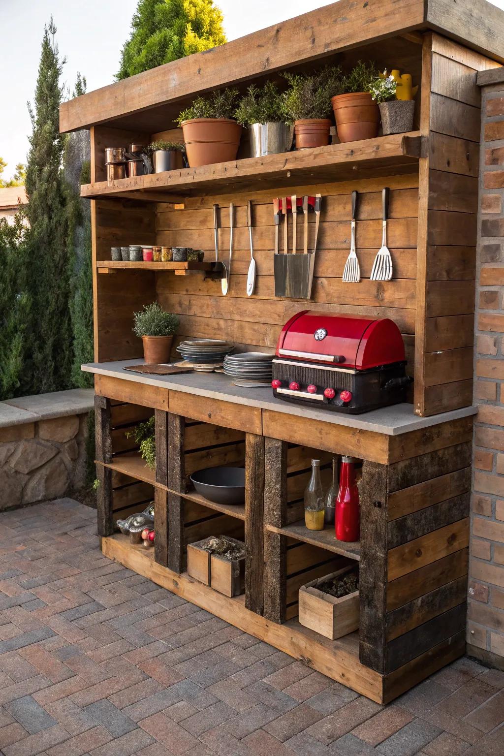 Transform your grilling space with stunning vertical storage that blends functionality with rustic charm.