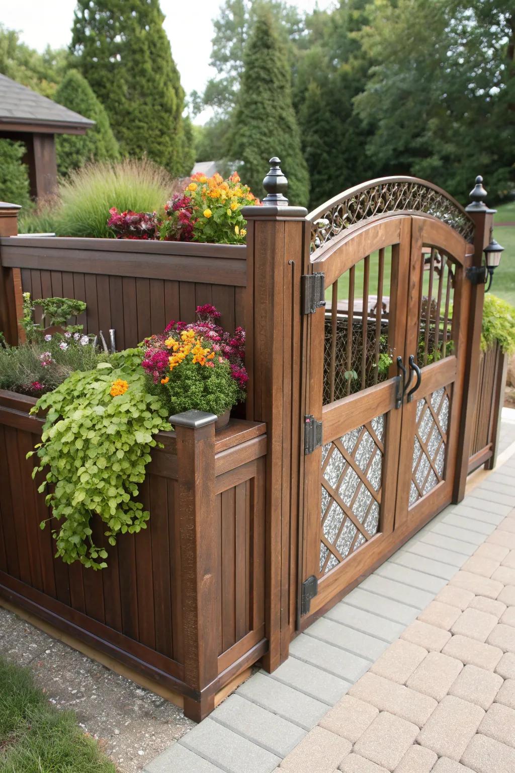 Enhance your garden with this expertly crafted gate featuring lush built-in planters.