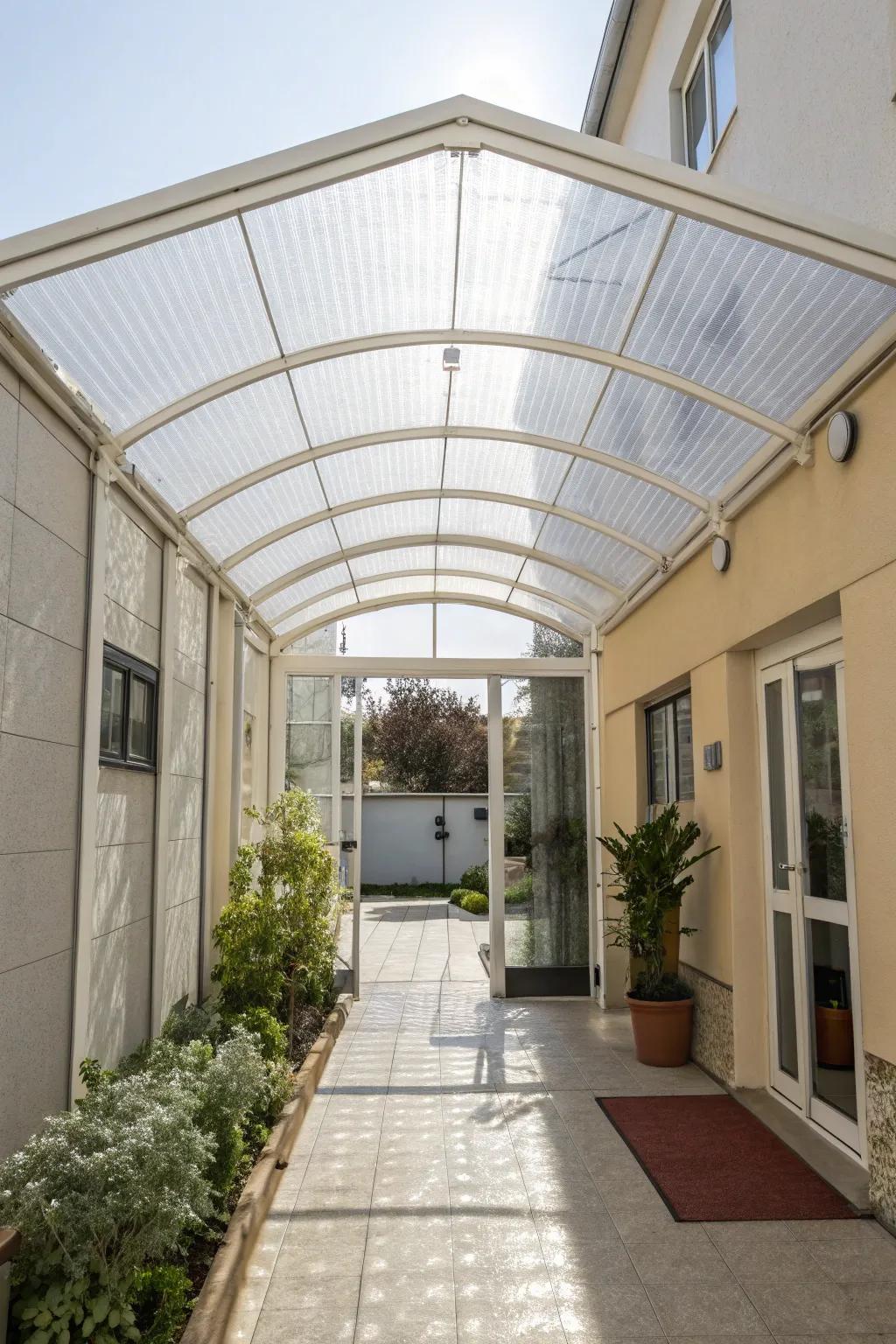 An entrance with a see-through plastic guard, creating a bright and open feel.