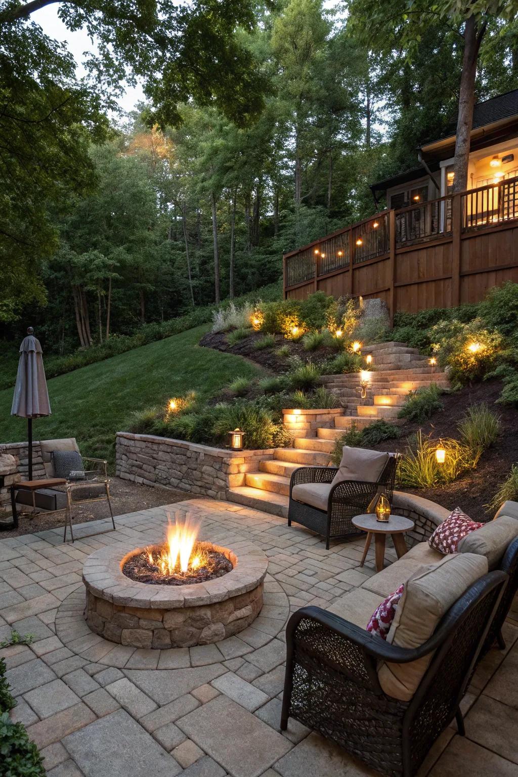 Establish a welcoming and toasty meeting spot with a fire pit in your sloping yard.