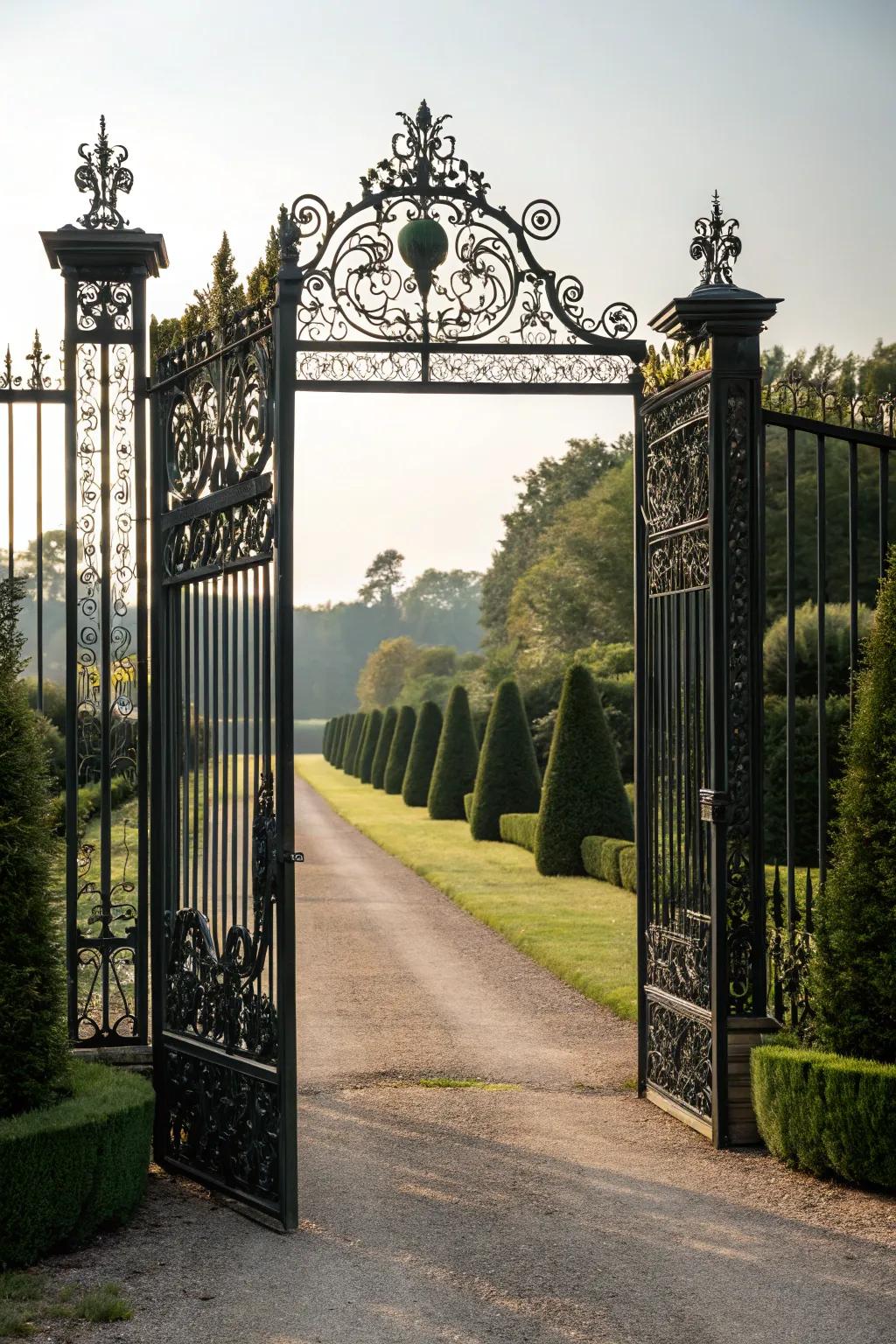 Incorporate elegance through ornate dark metal entrances.