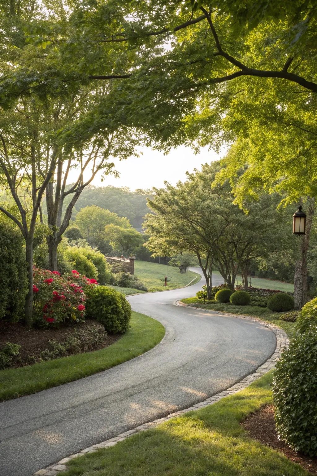 The landscape's coherence is enhanced by a winding driveway arrangement.