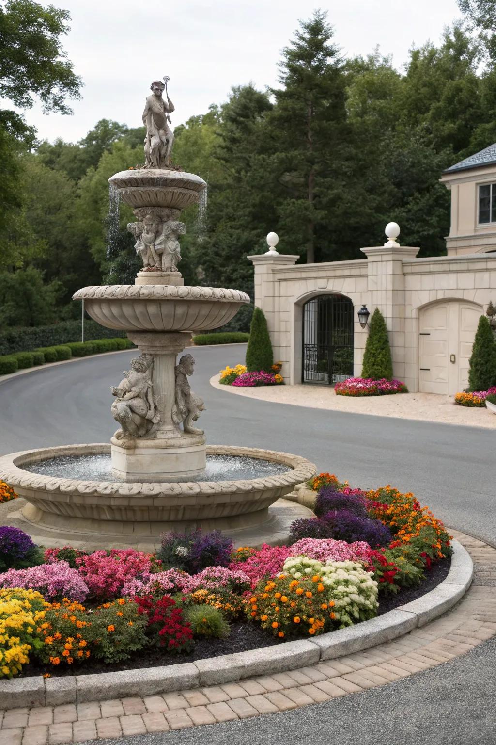A tiered fountain with sculptures adds artistic flair.