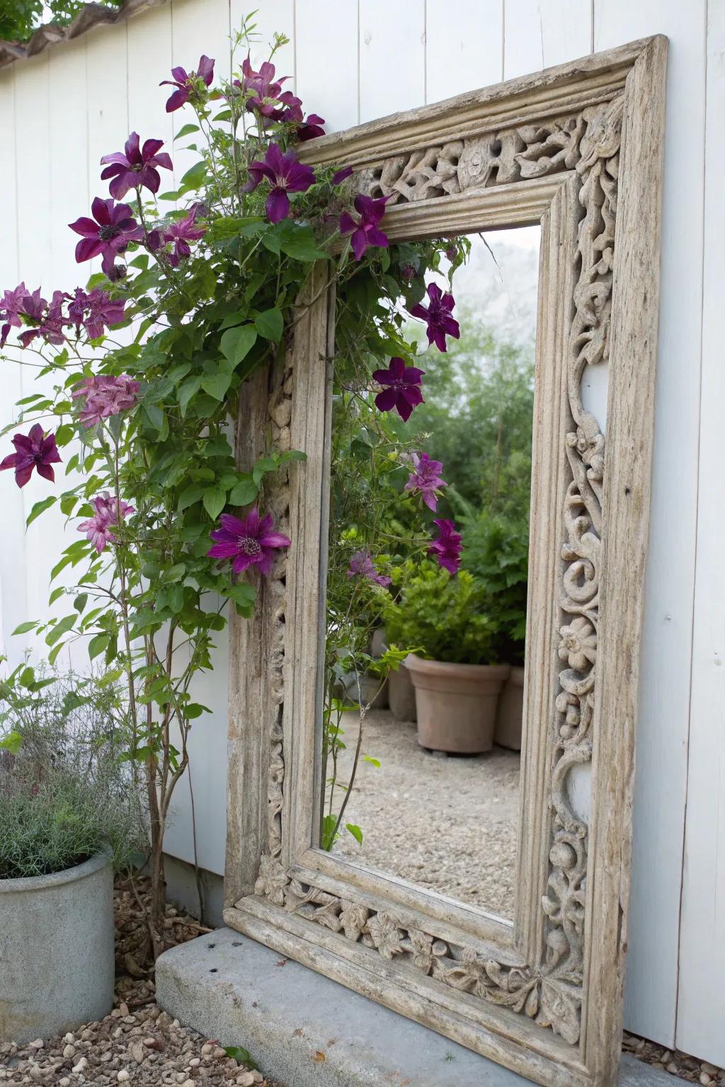 Transform vintage elegance into garden charm with a mirror frame trellis—where simplicity meets nature.