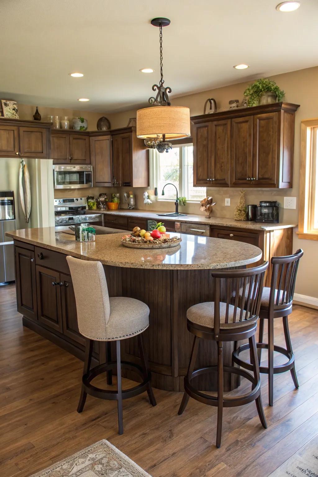 A curved island perfect for family get-togethers.