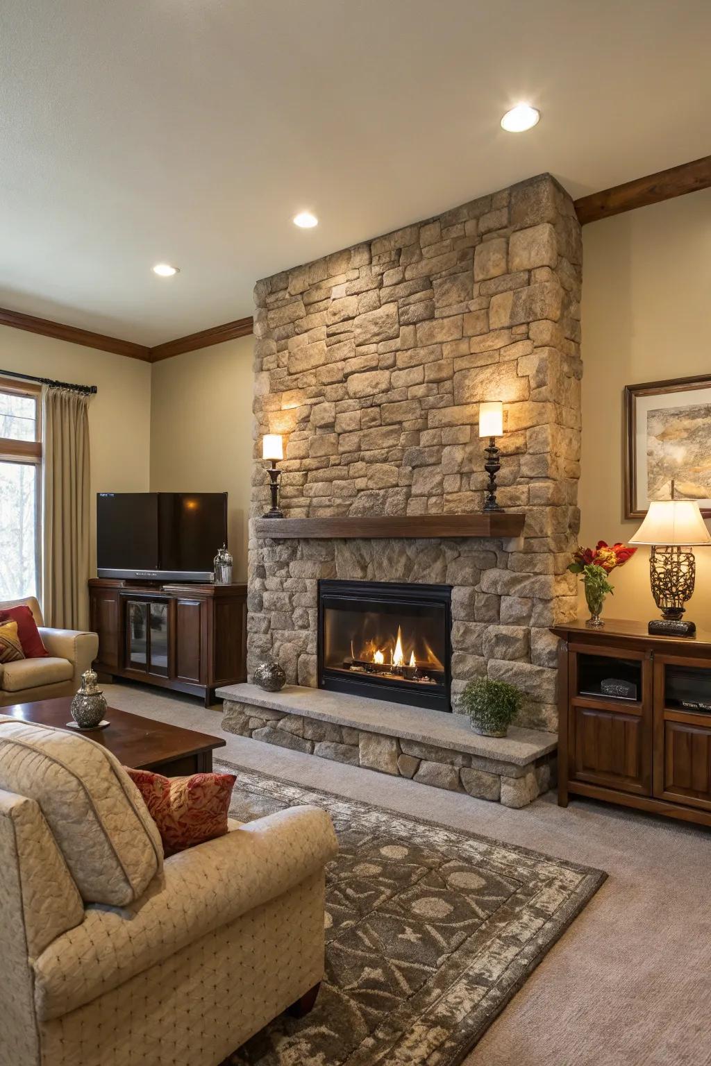 A stone accent wall with a built-in electric fireplace