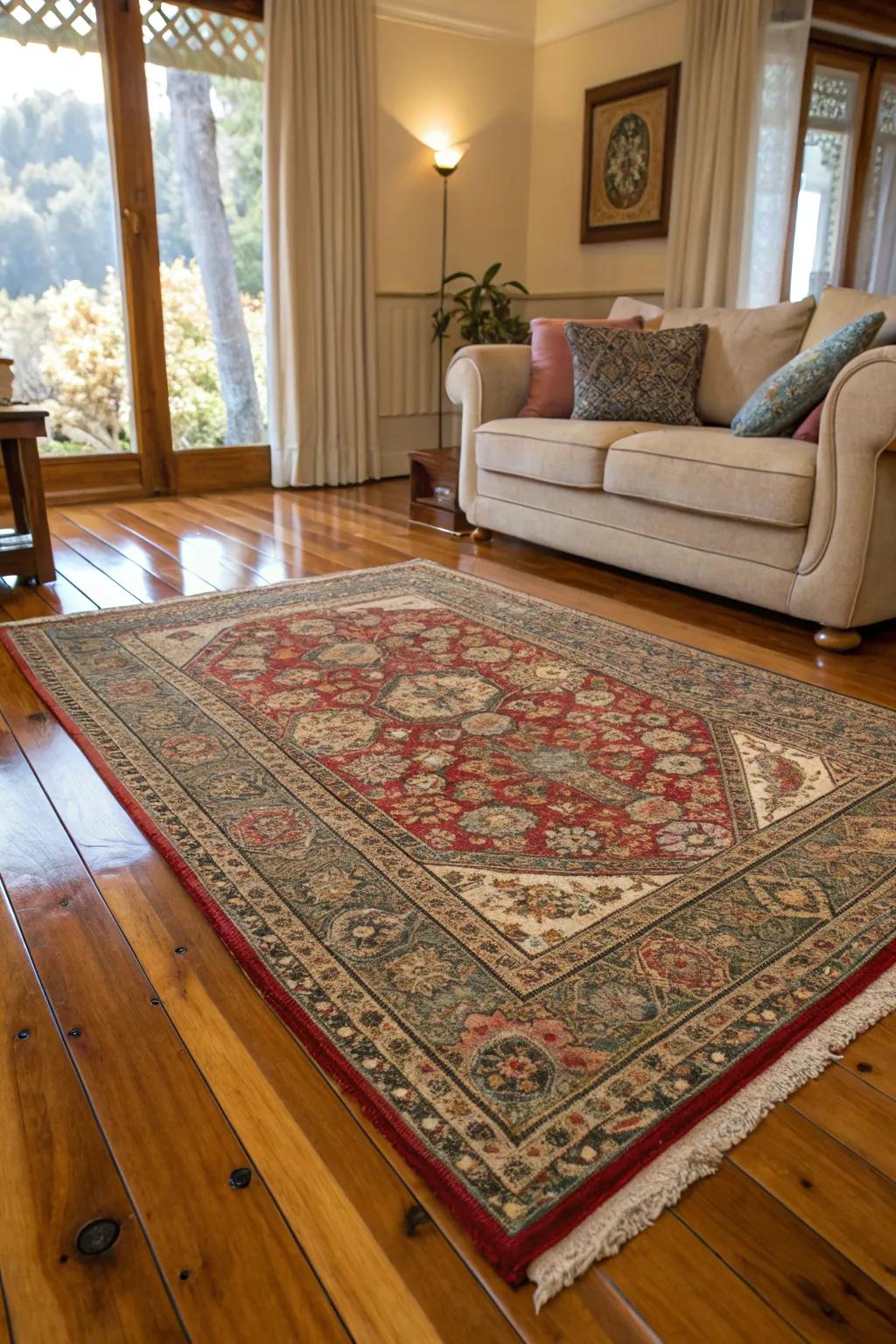 Decorated floor coverings enrich coziness and texture in the space.