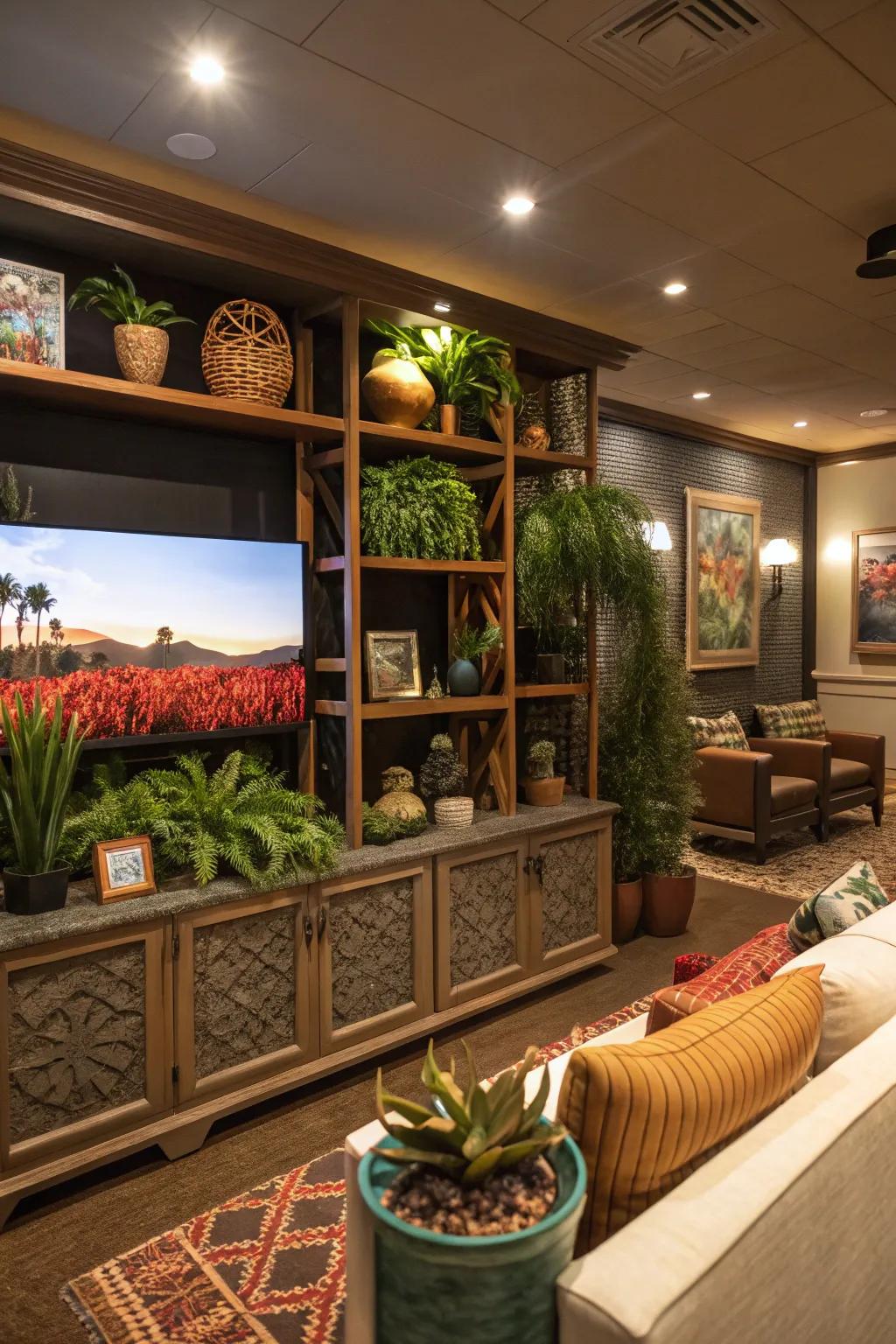 An entertainment center enriched with personal decorative components.