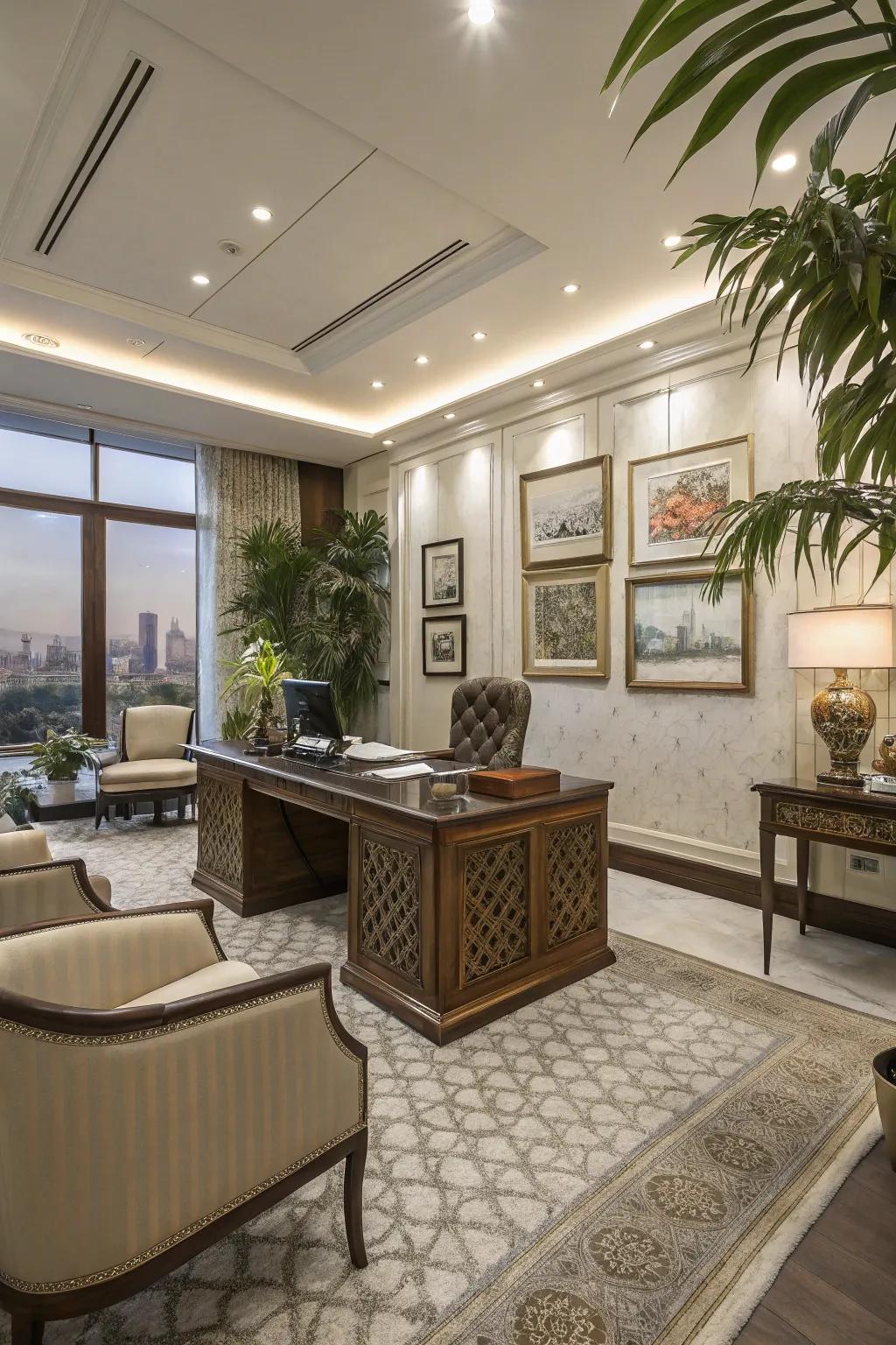Polished decor elements enhance this office's atmosphere.