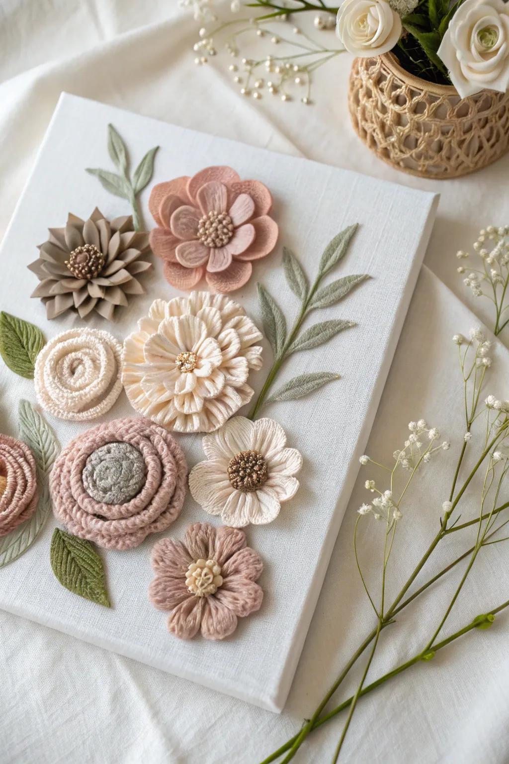 Elevate your area with the timeless charm of handcrafted textile flowers on material.