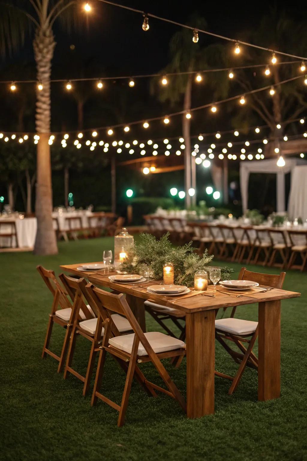 A chic dining area on artificial grass for memorable meals.