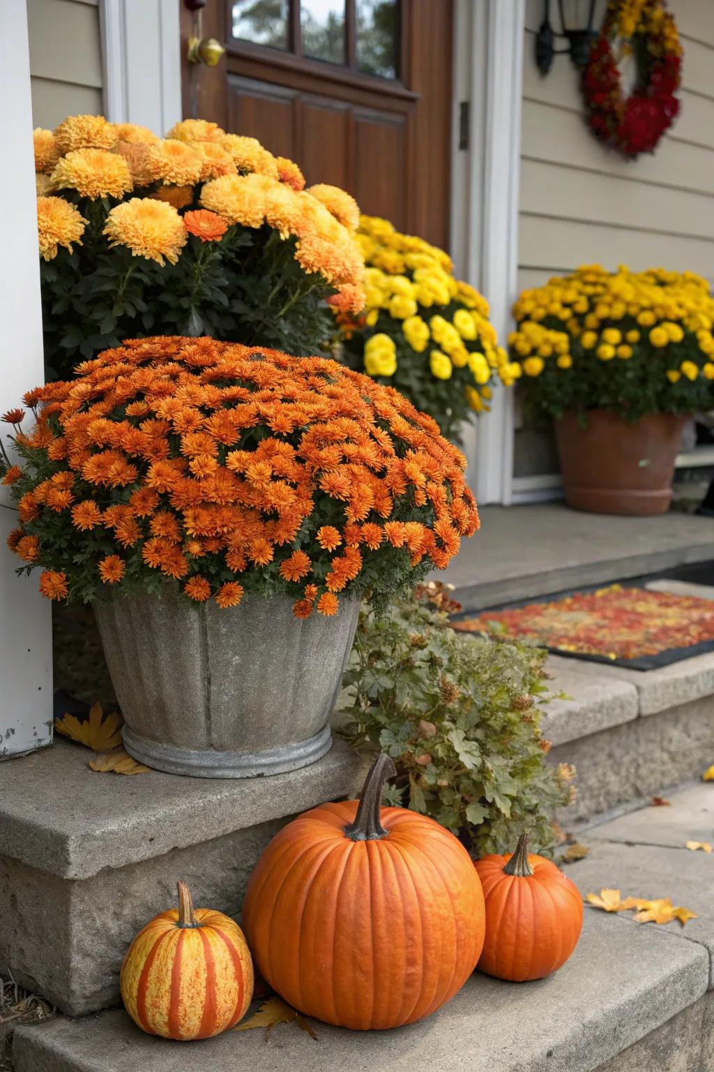 Chrysanthemums and pumpkins make a colorful autumn duo.