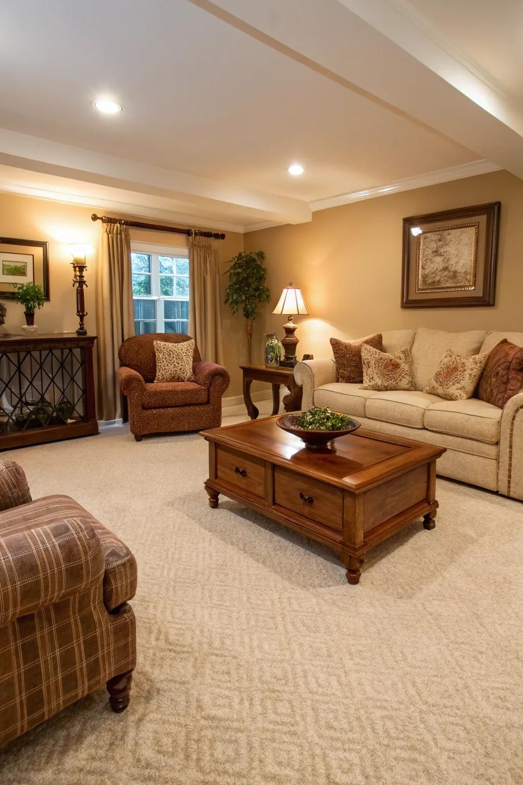 Coordinated furniture and carpets create a seamless look.