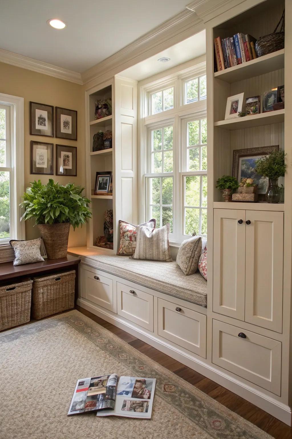 A family room equipped with clever hidden storage solutions.