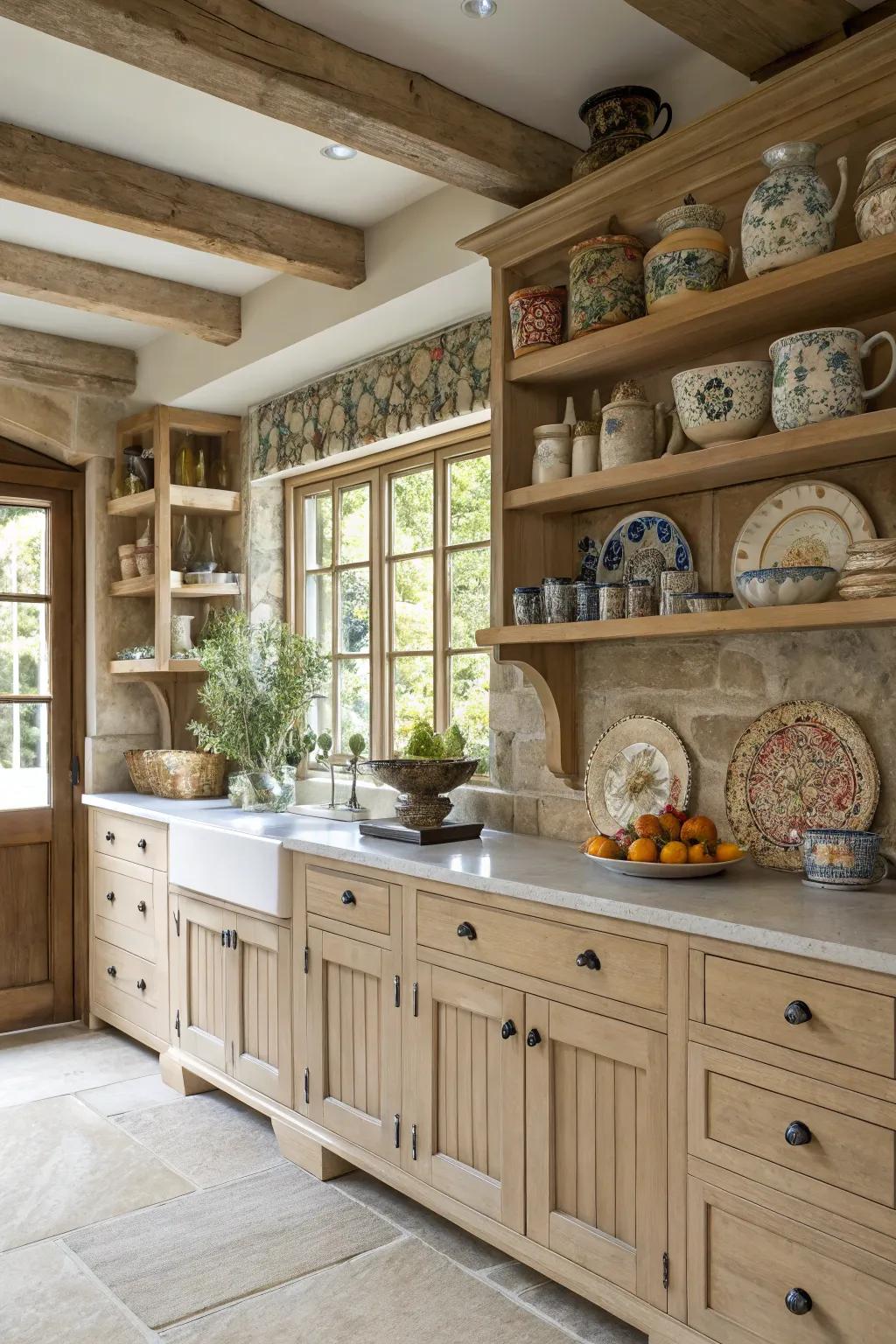 Exposed shelving matched with pale timber fittings cultivates a spacious sensation.