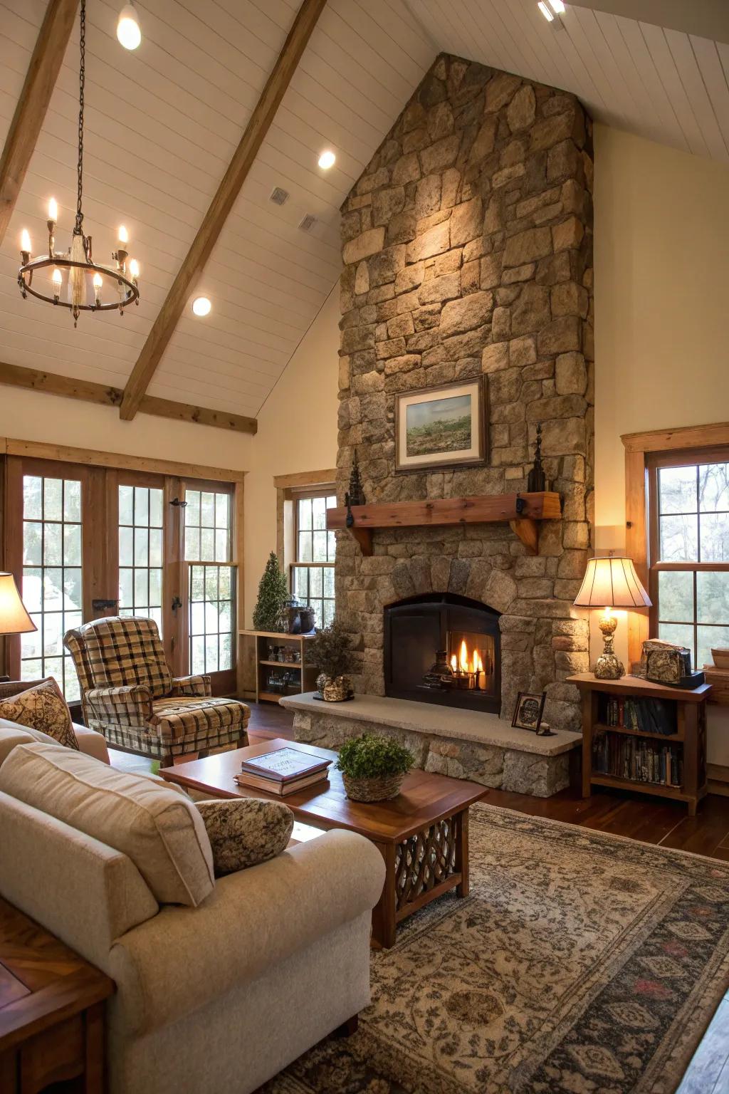 A rock fireplace anchors as the snug central point of this farmhouse living space.