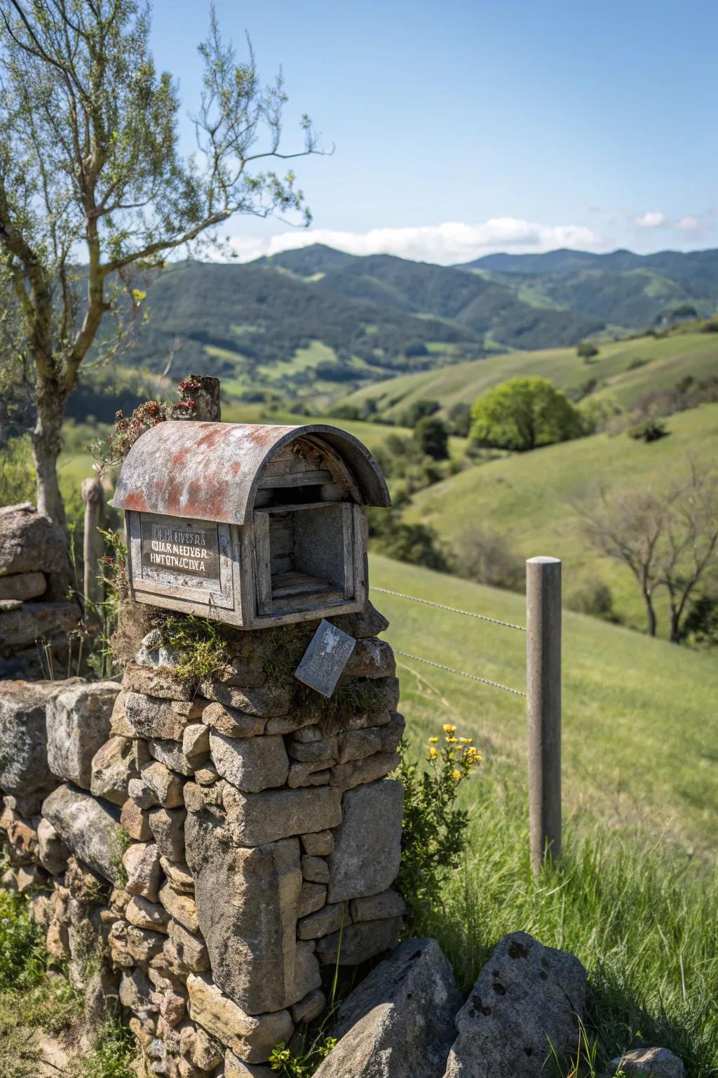 A farmhouse mailbox with stylish setting nestled inside a stone surround.