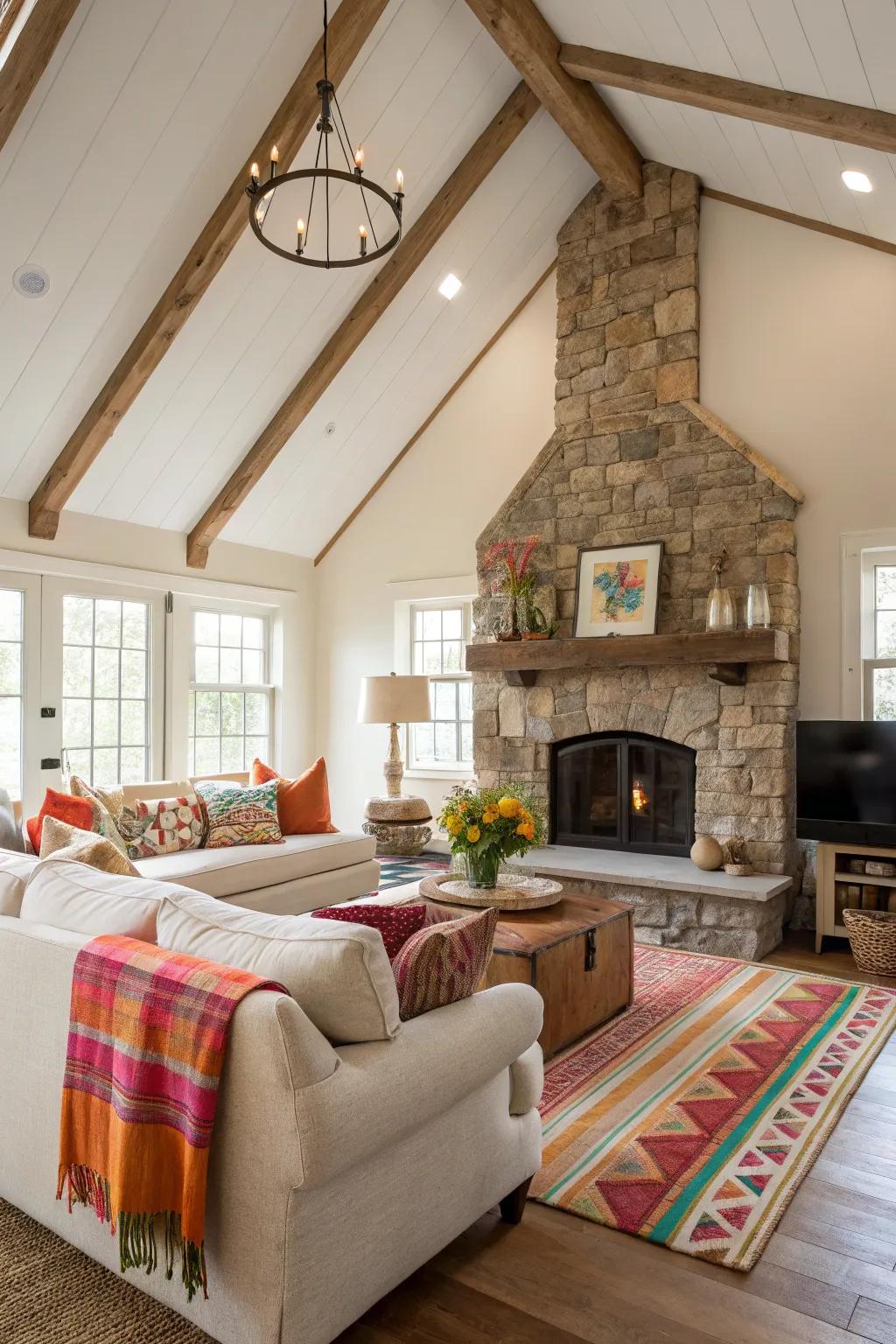 A neutral living room with colorful accents under a vaulted ceiling.