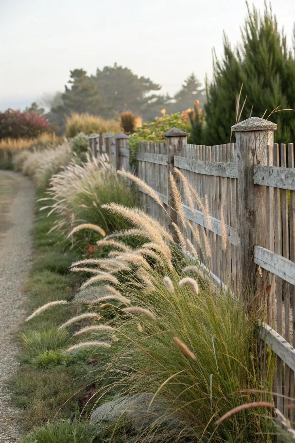 Ornamental grasses add a soft, flowing element to your fence border.