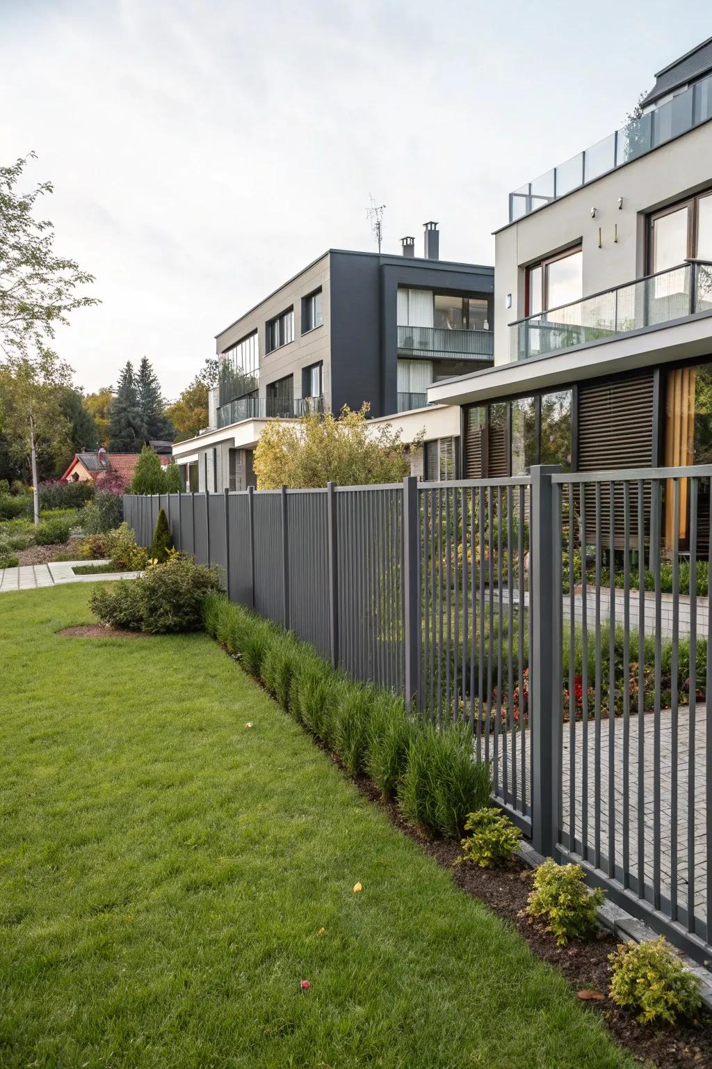 Metal panel fencing provides a simple and industrial aesthetic.