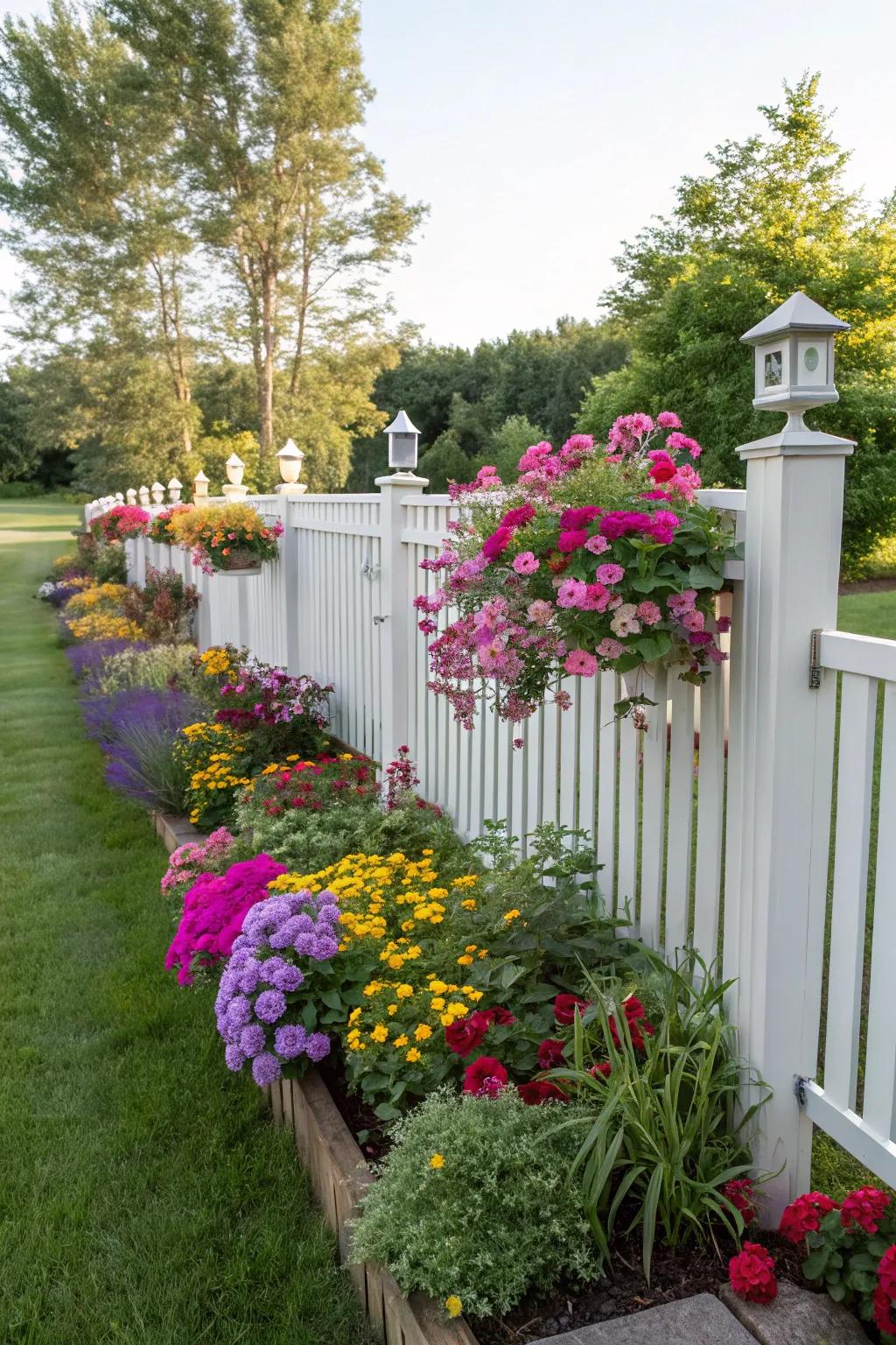 Vibrant flower beds breathe life and hue into your fence.
