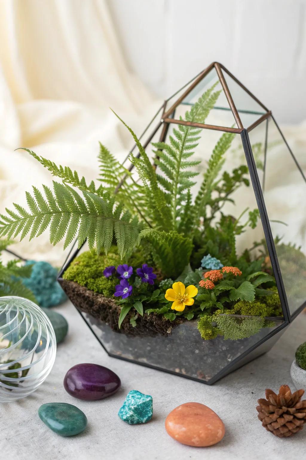 Elevate your space with a splash of color and natural beauty. 🌿✨ #FernTerrarium #ScandiBoho