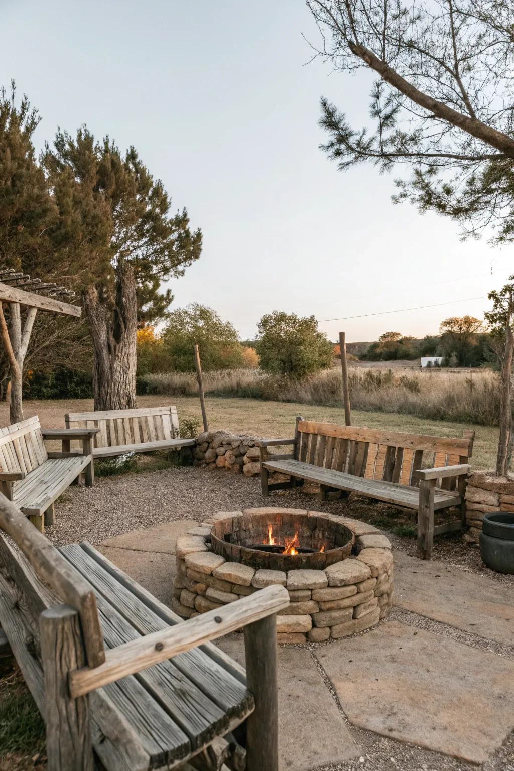 Earthy wooden benches add a natural touch, enhancing the fire pit area.