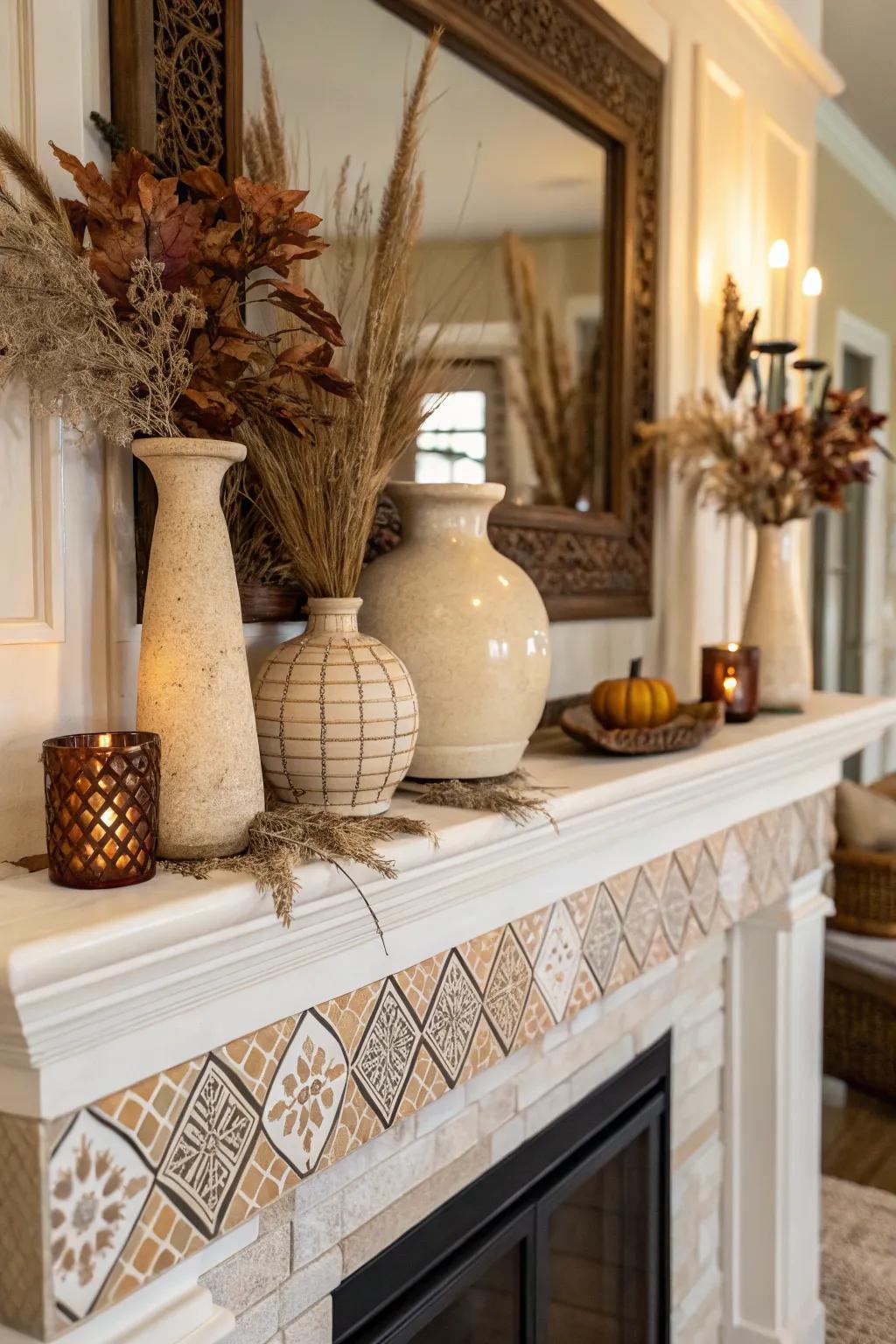 A mantel with harmonious shades that exudes warmth and a sense of ease.