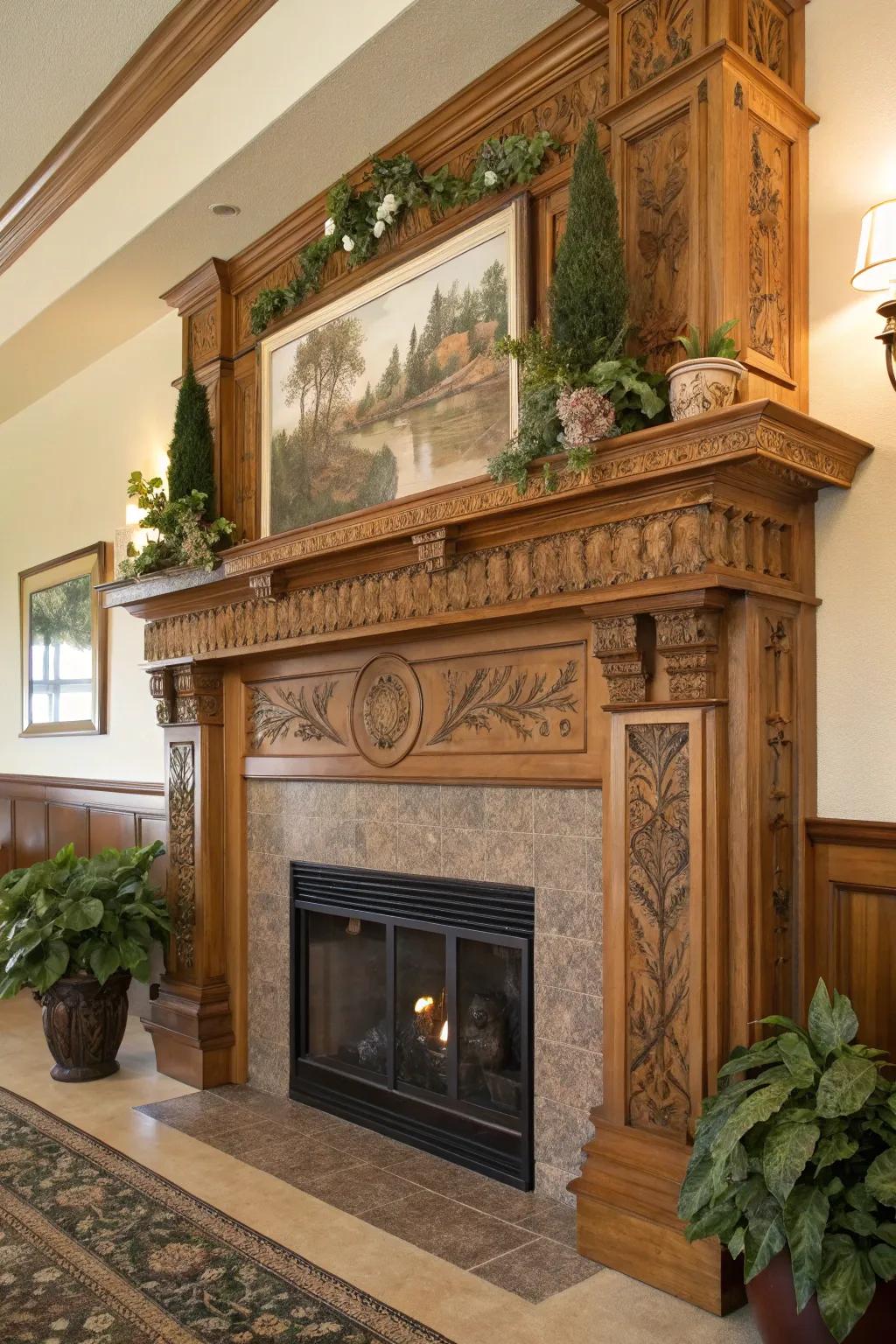 A bold mantel functions as a striking display space above the fireplace.