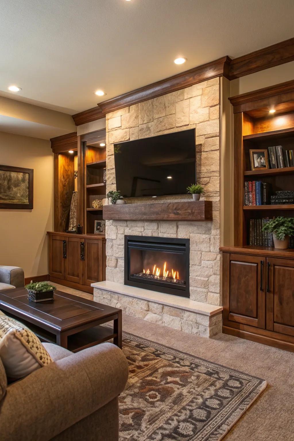Develop an integrated entertainment area featuring a screen above the fireplace.