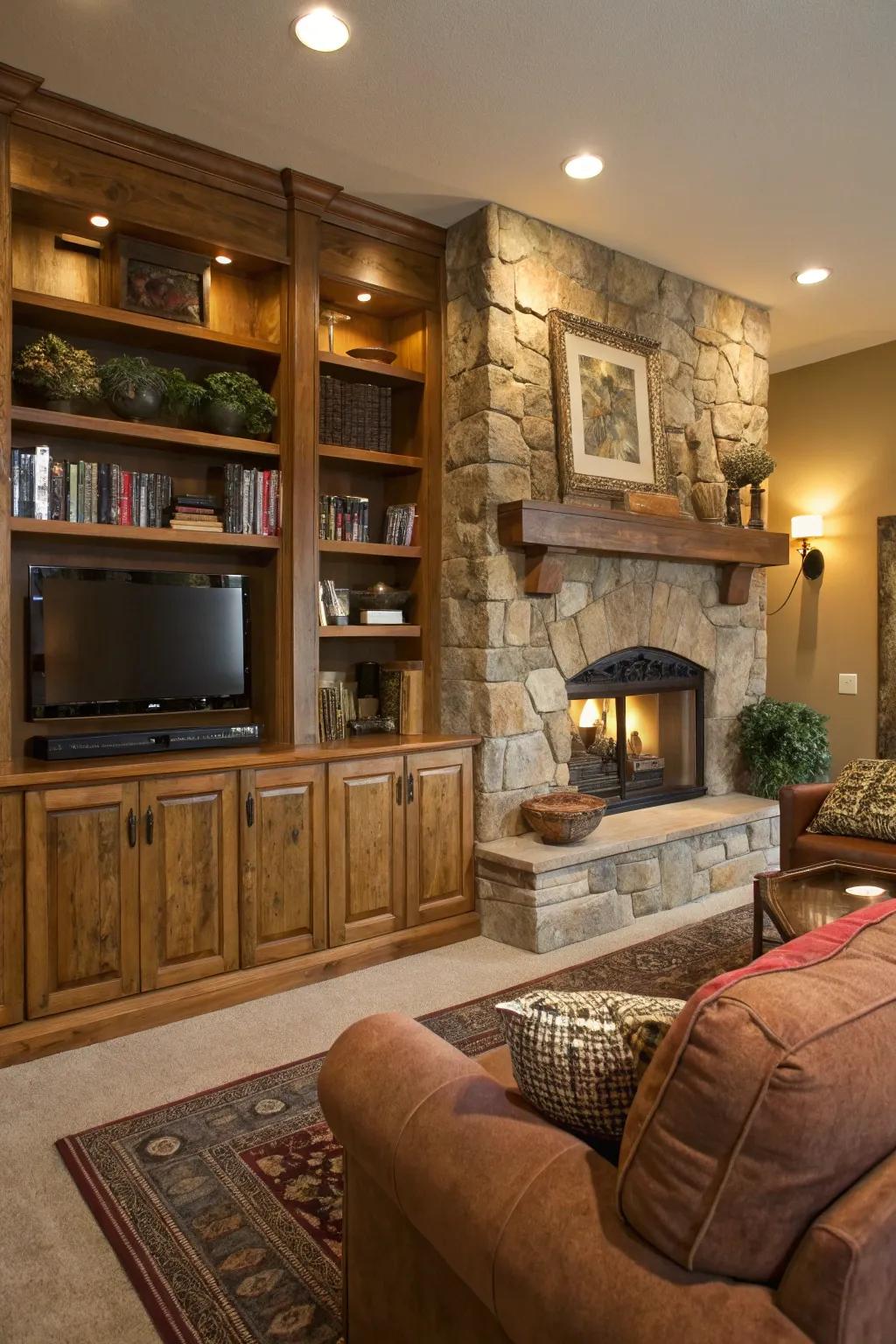Rustic wood cabinets bring warmth and texture to your fireplace area.