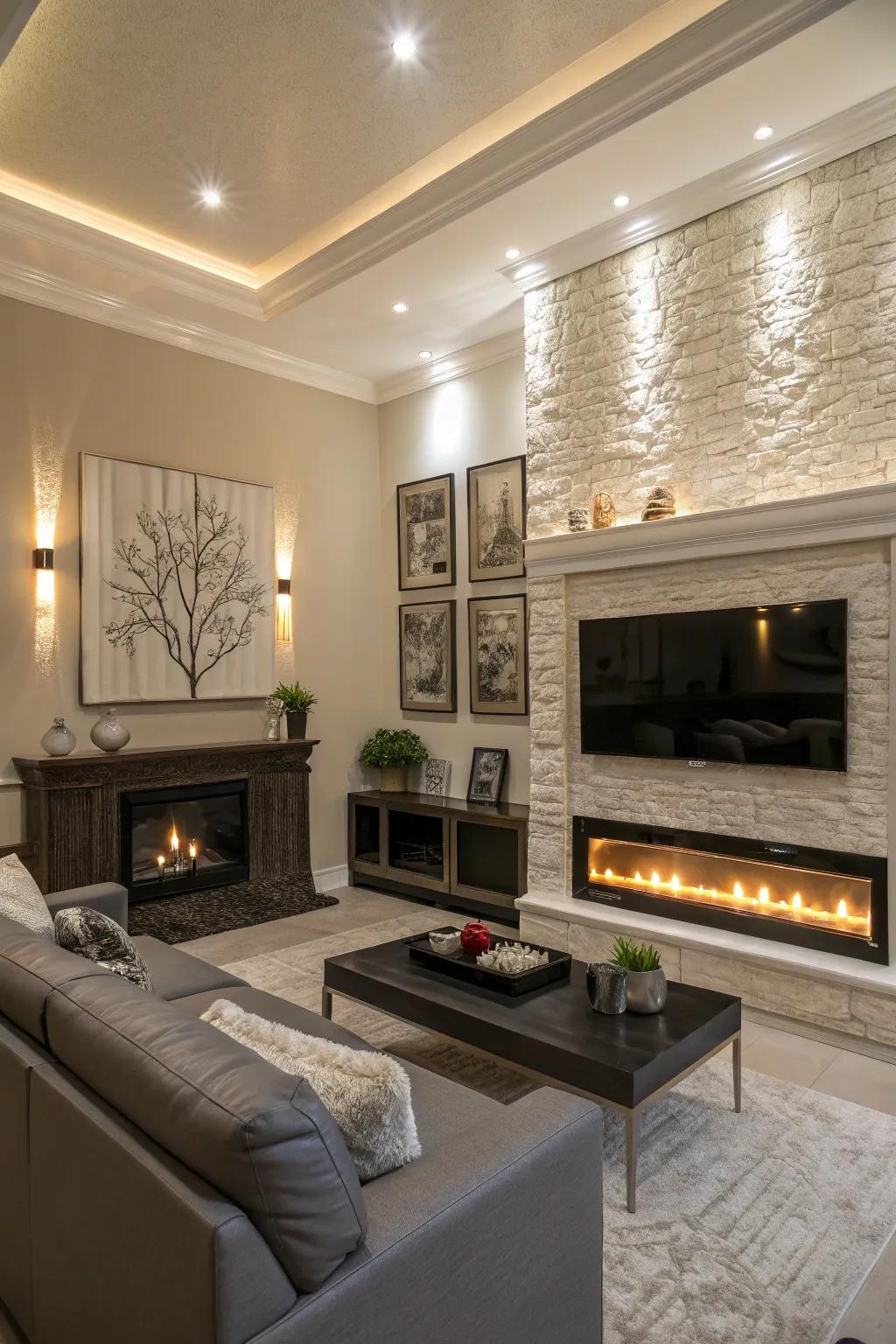 A family room presenting accent lighting on a fireplace wall featuring a TV.